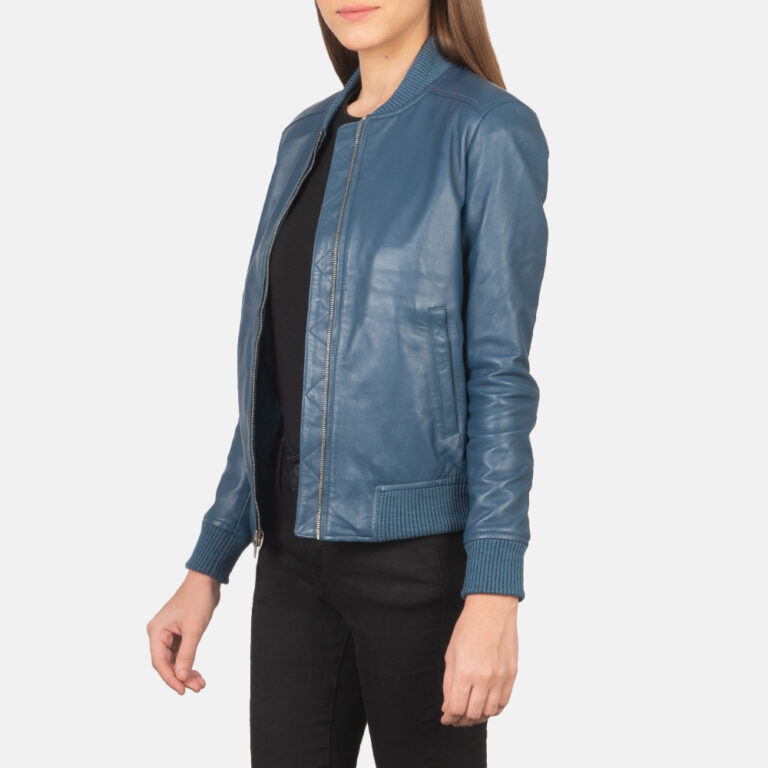Womens Bliss Blue Leather Bomber Jacket Side Pose-3-1659372710262